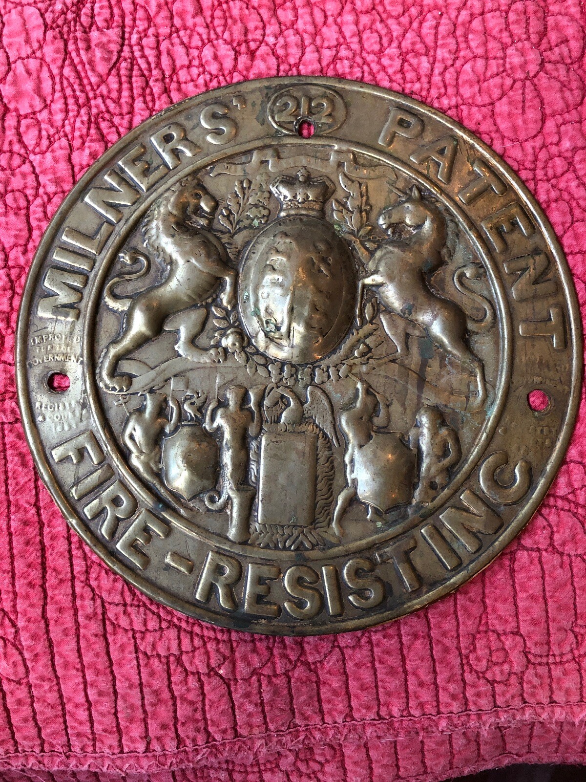 Antique Stamped Brass MILNERS’ PATENT FIRE-RESISTING SAFE Plaque Round Sign