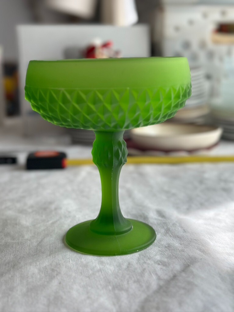 Antique Vaseline Satin green glass hobnail compote vase collectible 7.2