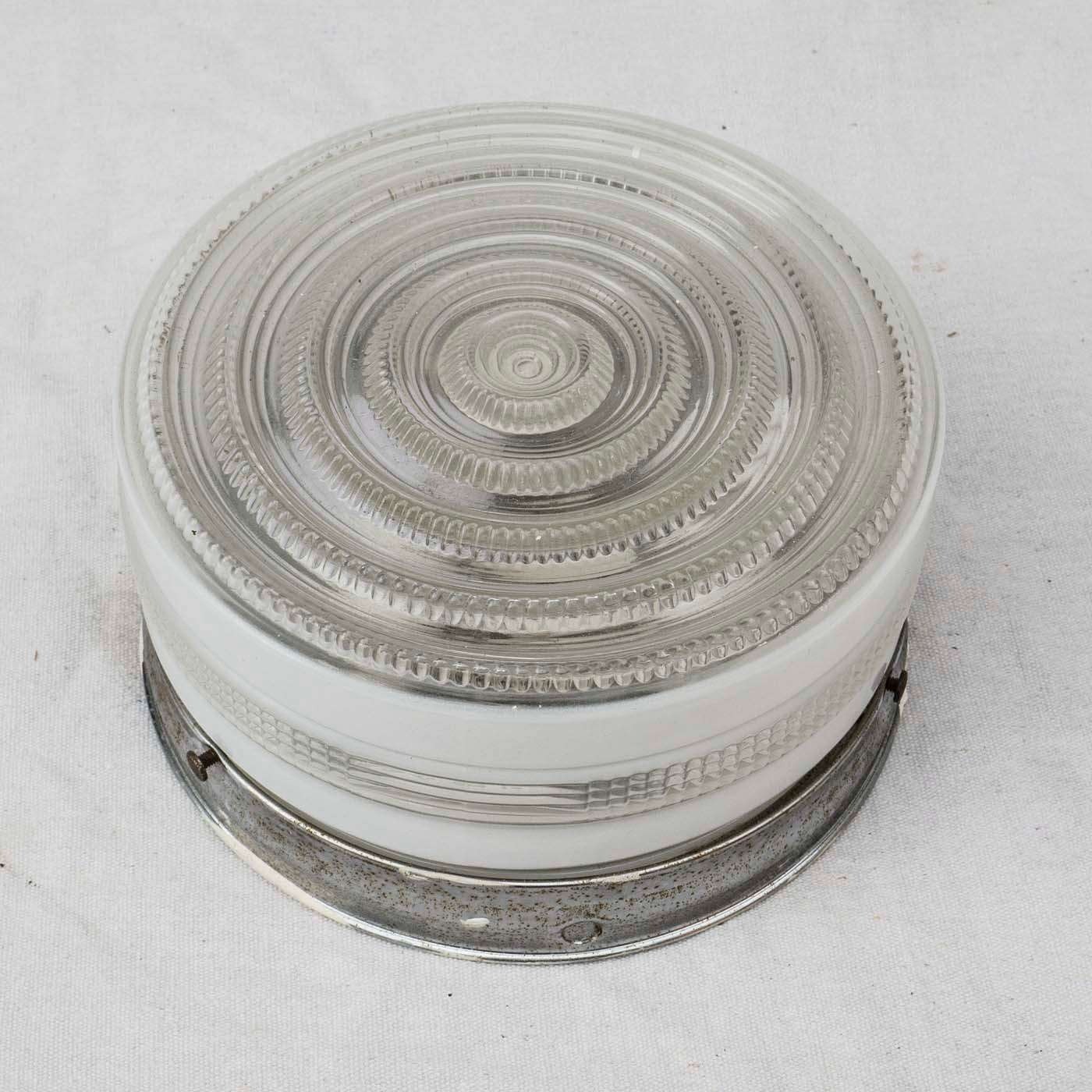 Vintage Art Deco Milk Glass Flush Mount Ceiling Light Ribbed Clear Top 8.5in Vintage Art Deco Milk Glass Flush Mount Ceiling Light Ribbed Clear Top 8.5in