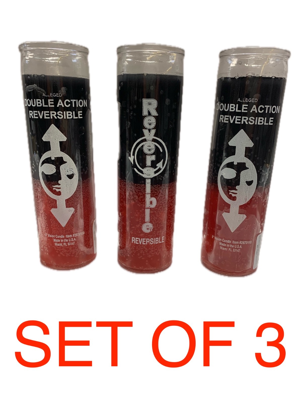 Set of 3 Double Action Reversible 7 Day Candle Black Red Glass Veladora
