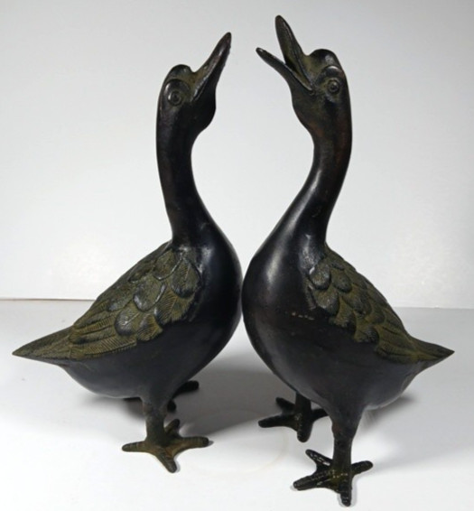2 Vtg Cast Metal Geese Bronze Goose Duck Statues 11\
