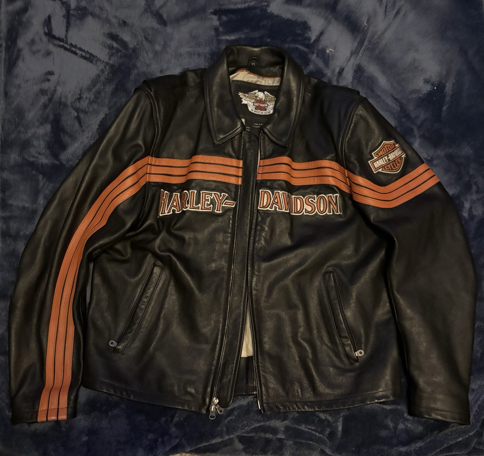 PRISTINE Vintage 2000’s Harley-Davidson Black & Orange Leather Jacket Sz XL
