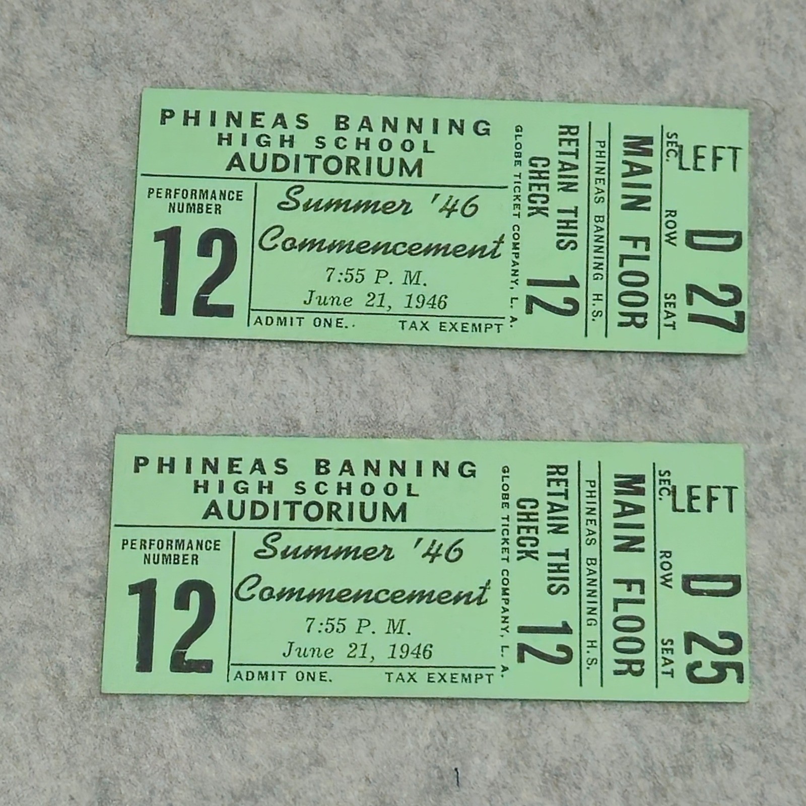 Vintage 1946 Phineas Banning High School Commencement Tickets Wilmington CA