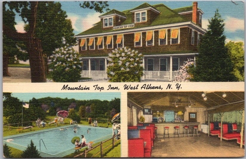 c1940s WEST ATHENS, New York LINEN Postcard MOUNTAIN TOP INN Bar & Pool Views