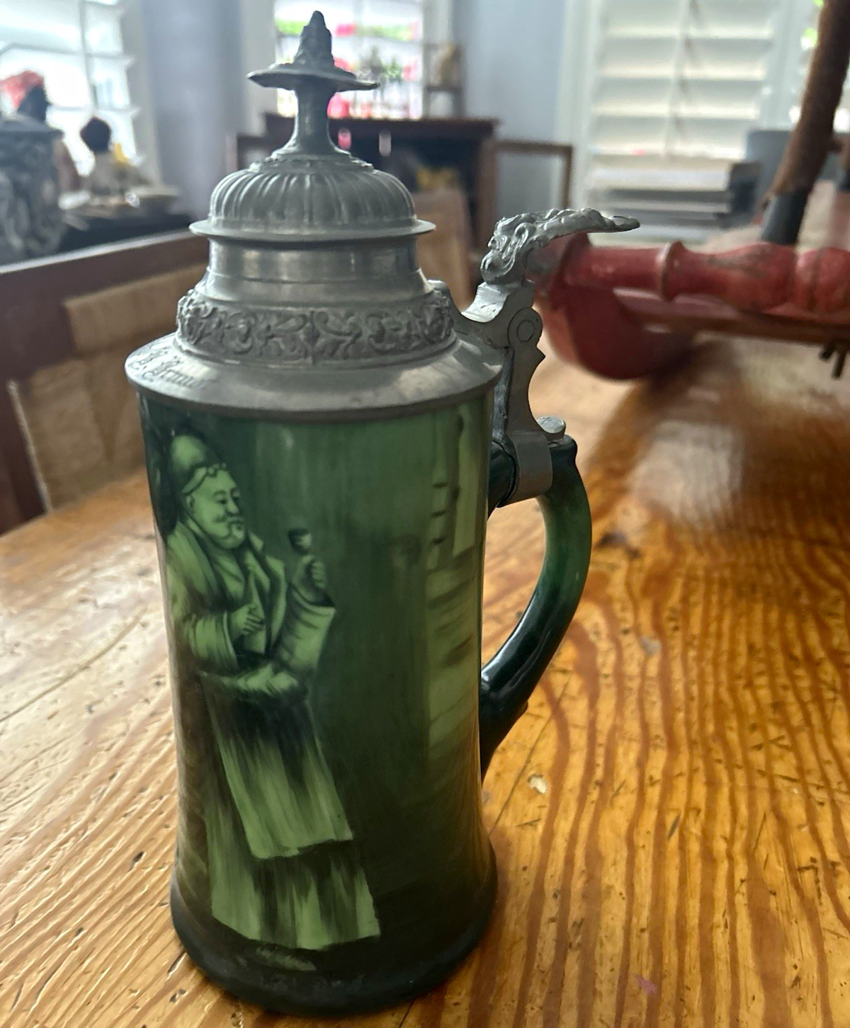 Antique German Lithophane Beer Stein Green Nice