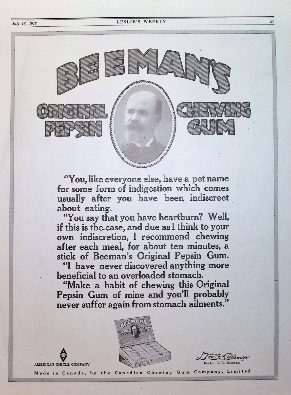 Original 1918 Beeman\'s Pepsin Chewing Gum Sign Doctor Portrait Counter Box Art
