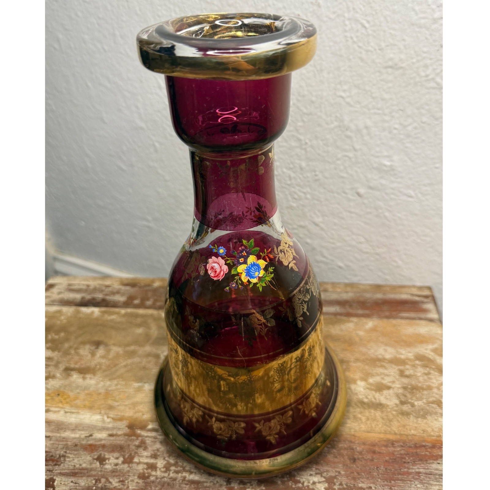 Antique Bohemian Glass Hookah Base Amethyst Floral Enamel & Gold Decorative