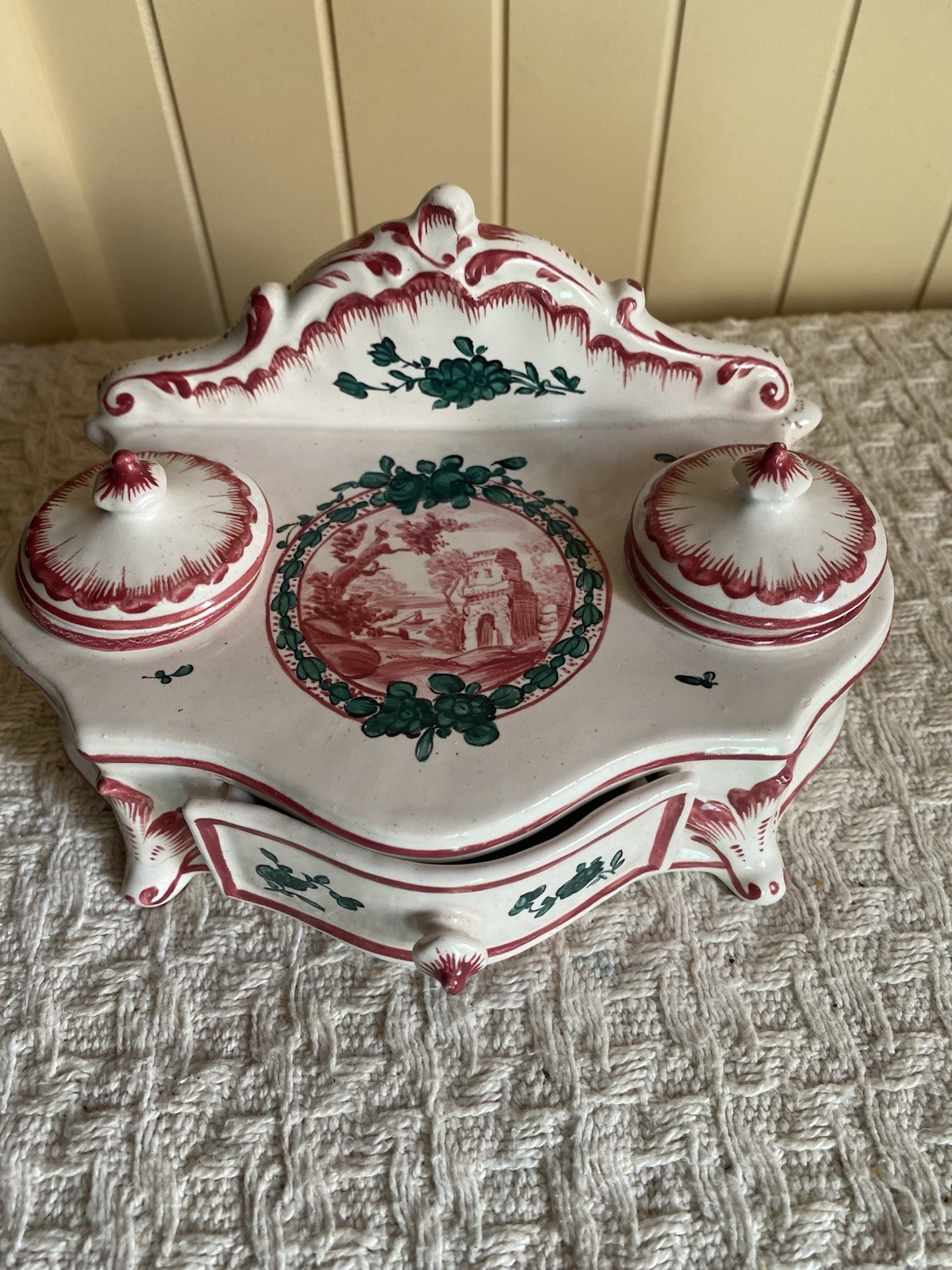 Antique Footed FRENCH FAIENCE Double Inkwell Hand Painted Pastoral Scene France