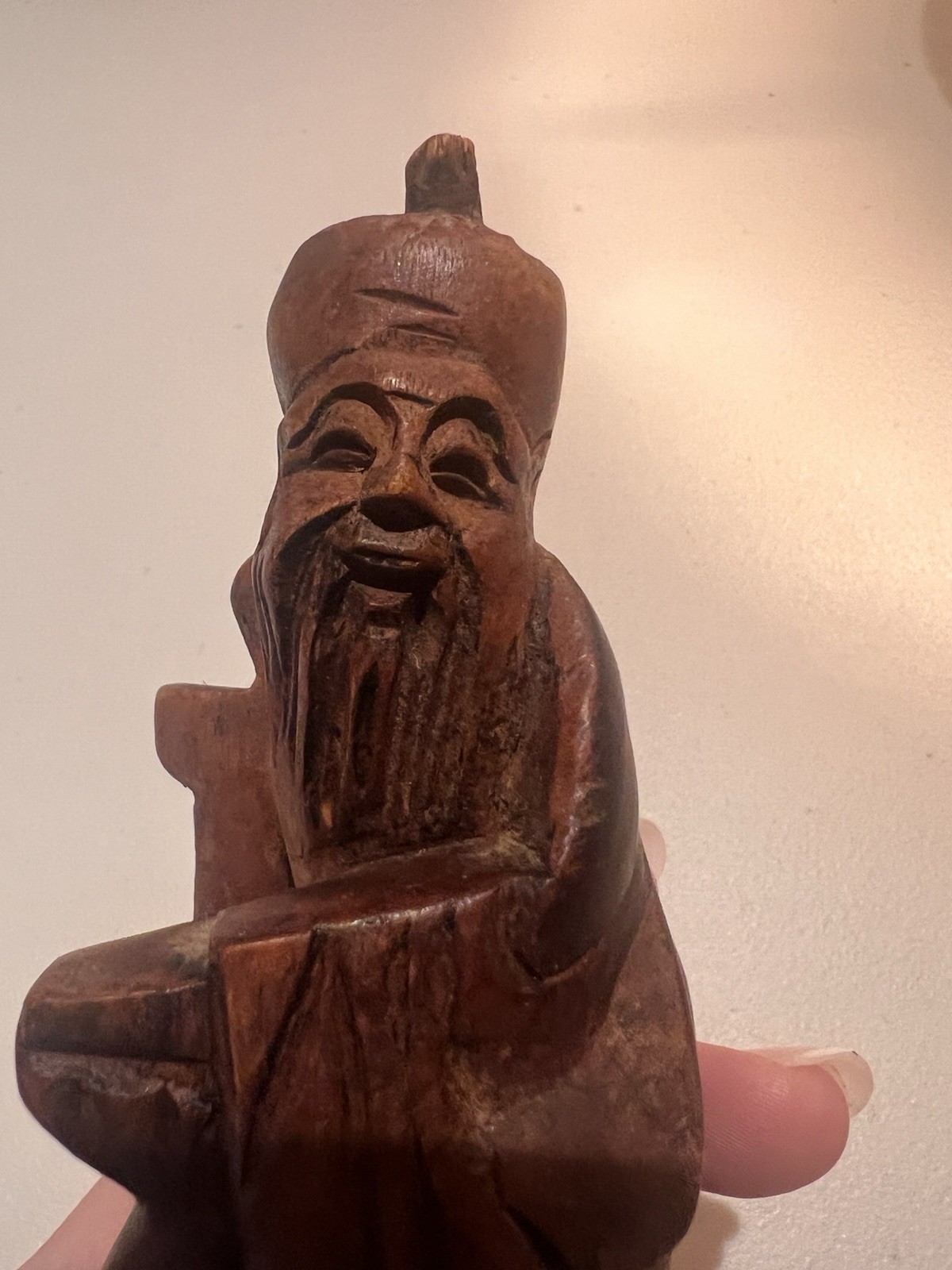 Vintage Asian Oriental Wood Smiling Fisherman Figure Sculpture Hand Carved 5”