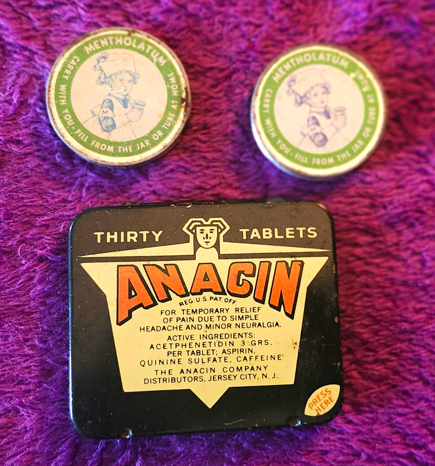Vintage Anacin 30 Tablet Tin & Two Mentholatum Little Nurse Pocket Tins Lot