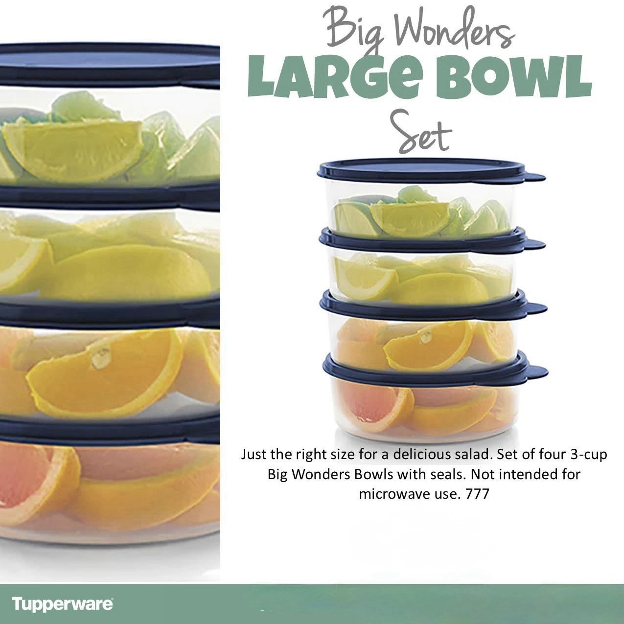 Tupperware Big Wonders Bowls 3 Cup / 700ml Set of 4 Sheer with Dark Blue Seal