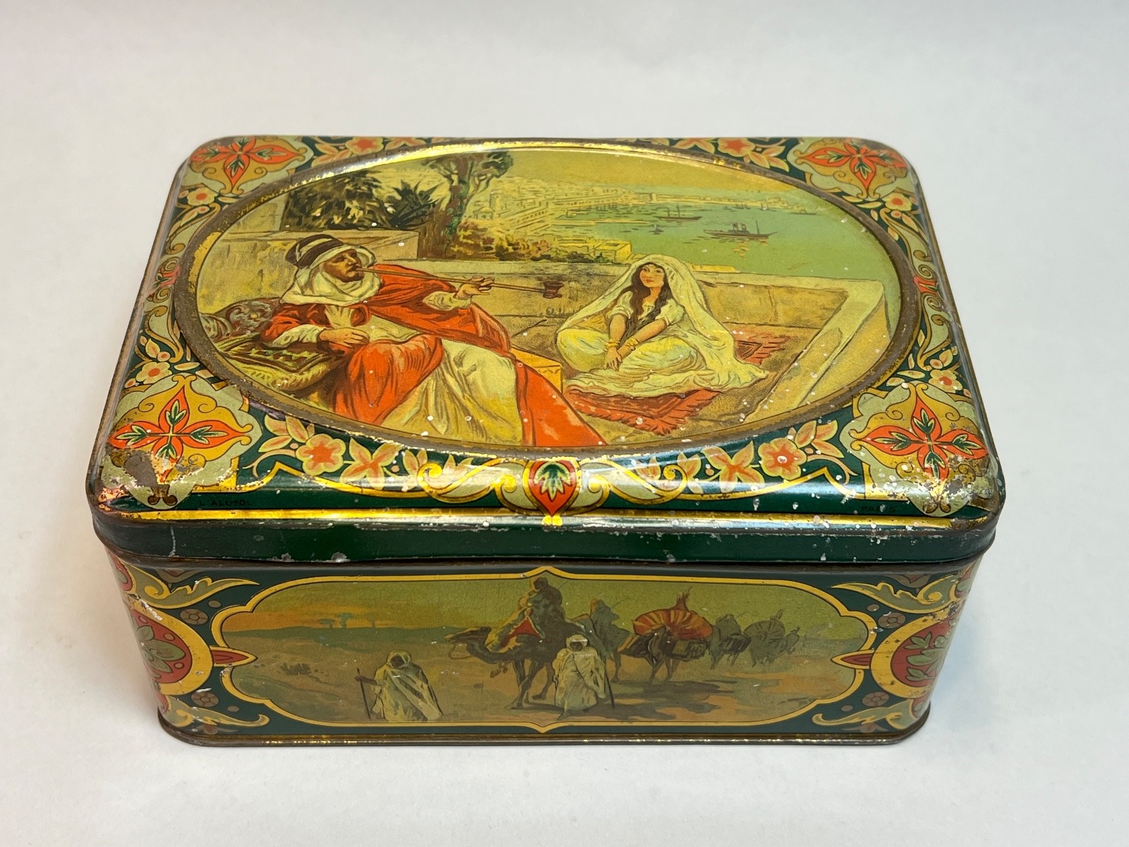 1890s Antique Art Nouveau French Litho Tin Biscuit Box Orientalist Scrolls Camel