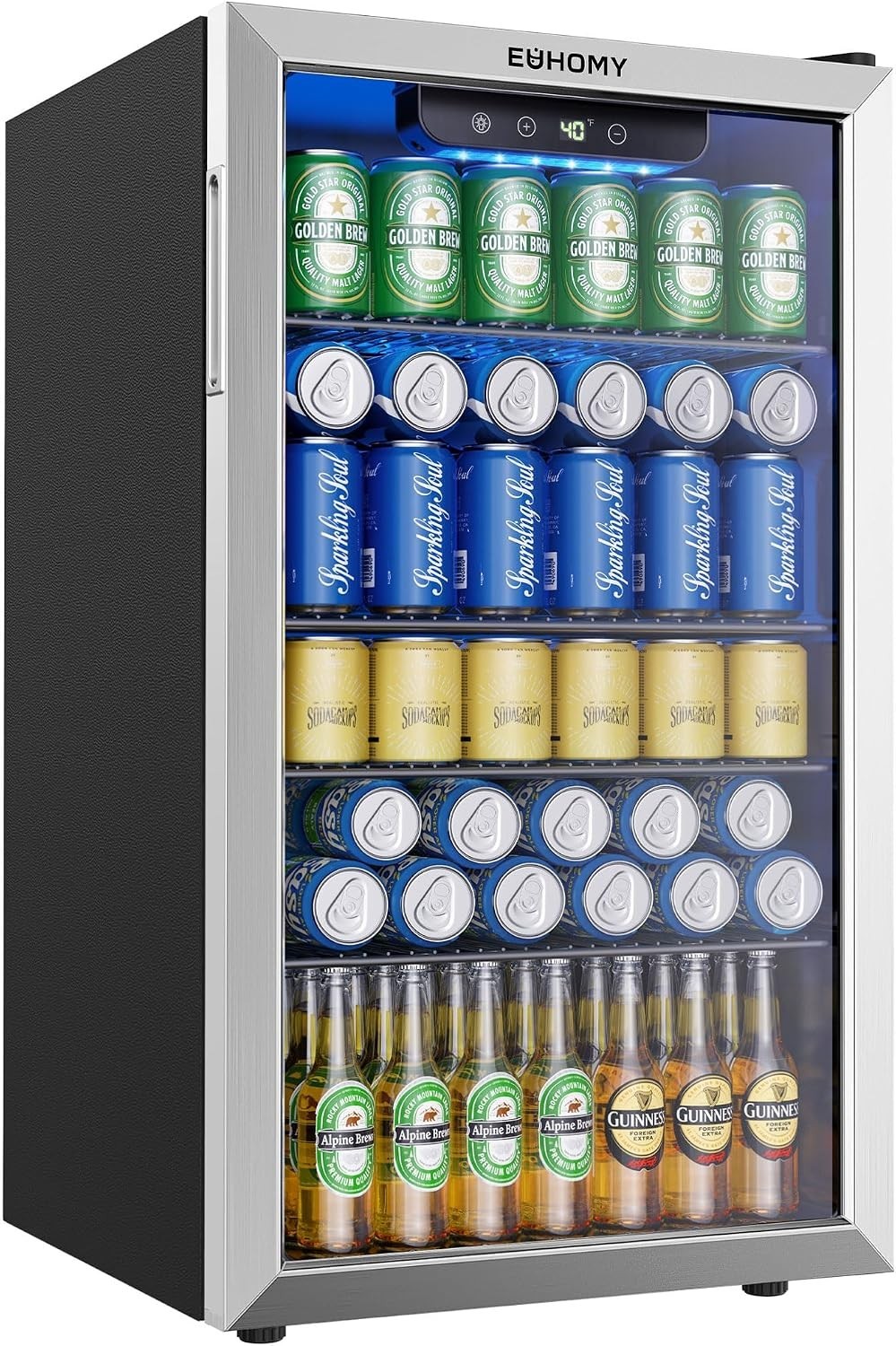 EUHOMY 130 Can Mini Fridge, Beverage Refrigerator with Glass Door, Silver