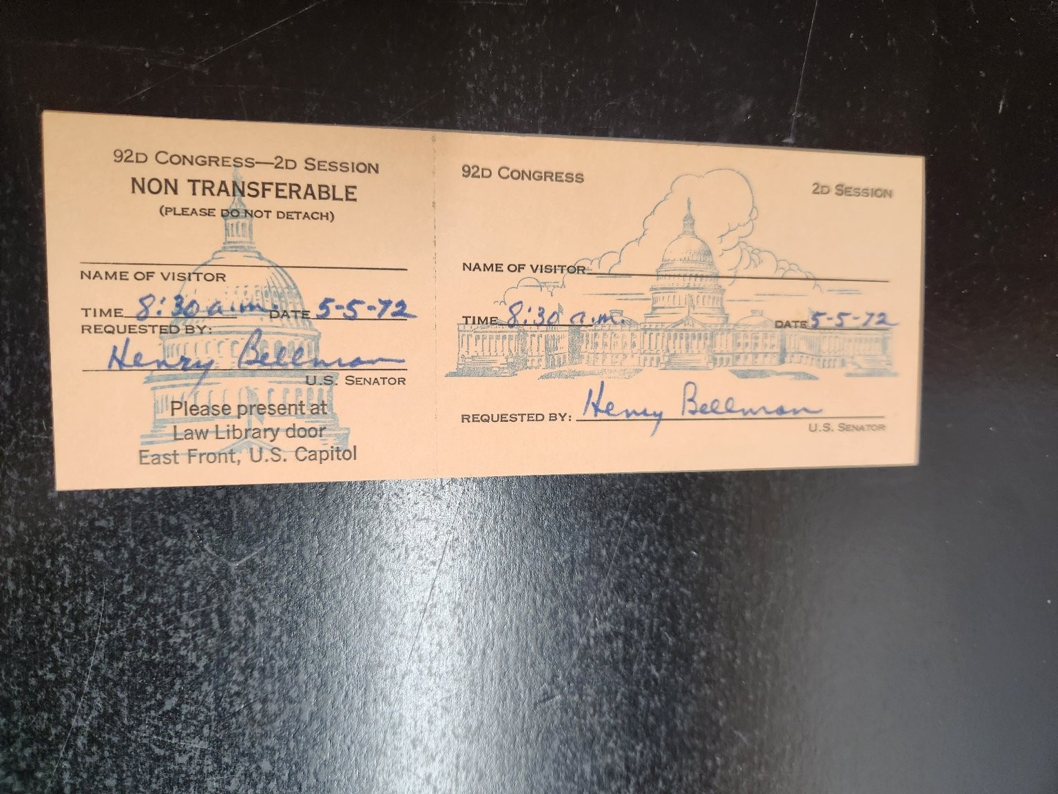 1972 US Capitol Visitor Pass Henry Bellmon 92nd Congress Ephemera 1972 US Capitol Visitor Pass Henry Bellmon 92nd Congress Ephemera