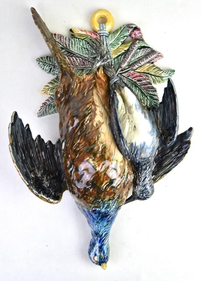 Antique Italian Majolica Hanging Game Bird Wall Plaque 19th C Palissy Pottery