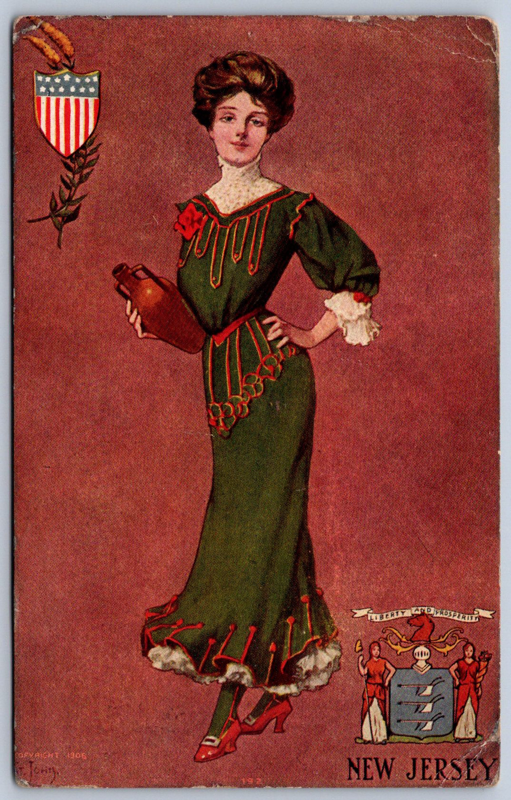 K23/ New Jersey Postcard c1910 State Girl Pretty Woman Shield Patriotic 51
