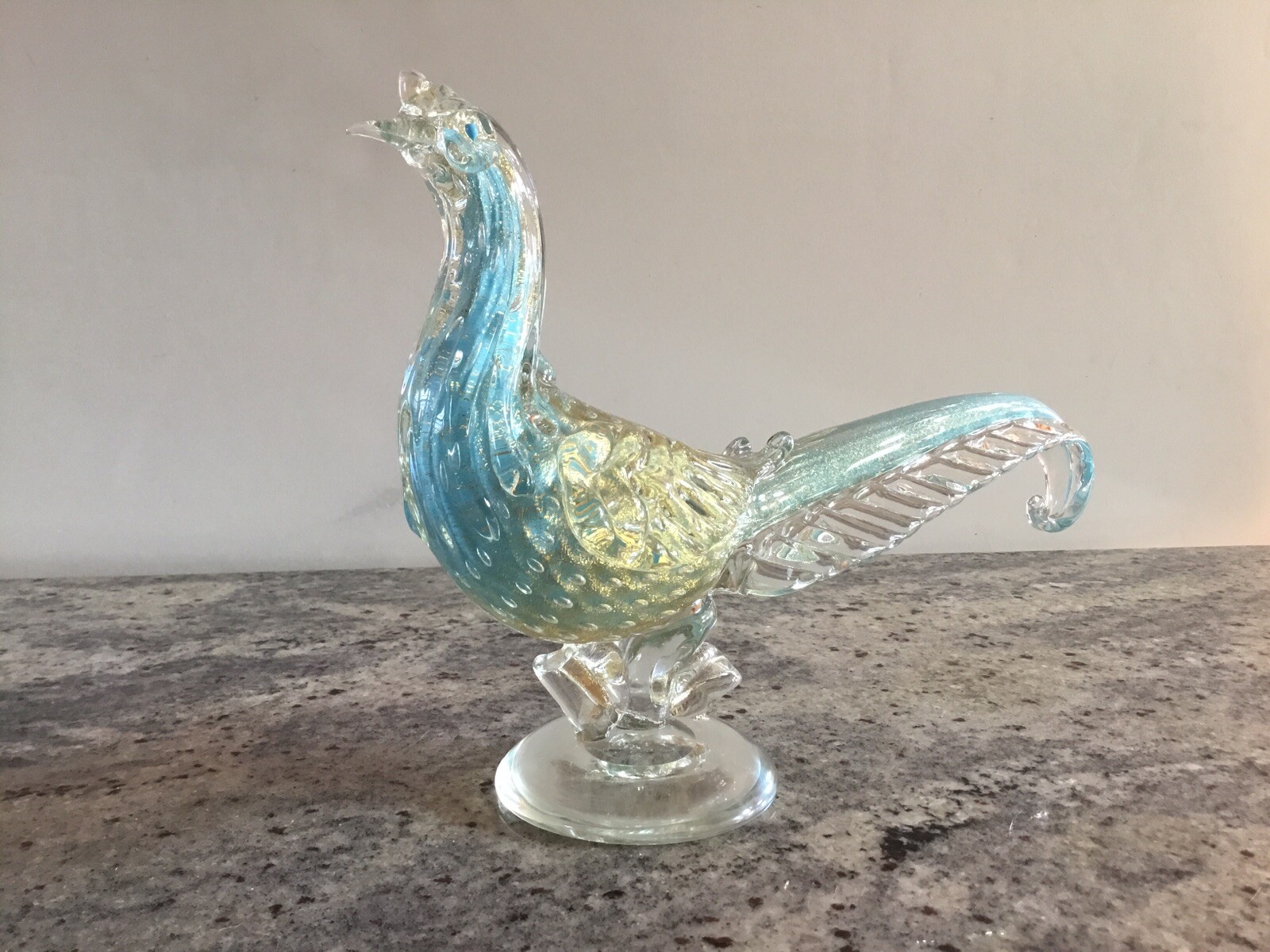 Vintage Alfredo Barbini Murano Glass Turquoise Pheasant - Missing Crown Vintage Alfredo Barbini Murano Glass Turquoise Pheasant - Missing Crown