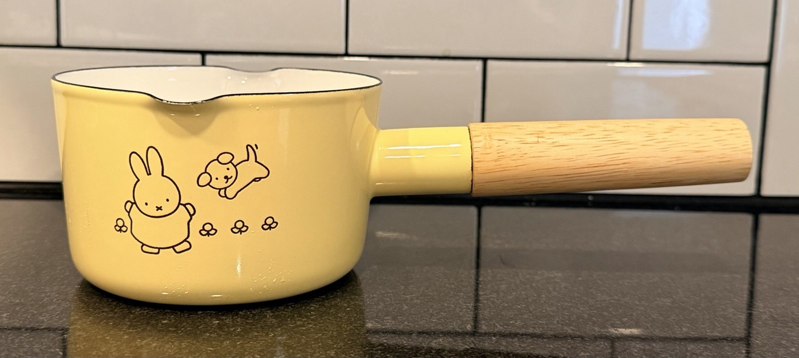 Yellow Fujihoro Miffy Enamel Kitchenware Pan Pastel Wood Handle 5in NWOT Rare Yellow Fujihoro Miffy Enamel Kitchenware Pan Pastel Wood Handle 5in NWOT Rare