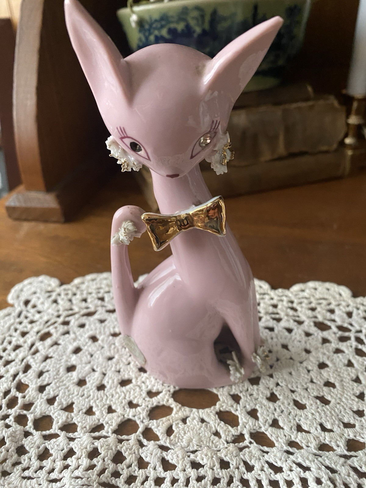 VTG Kitschy Anthropomorphic Pink Cat Rhinestones Bow Tie Porcelain Japan UCAGCO