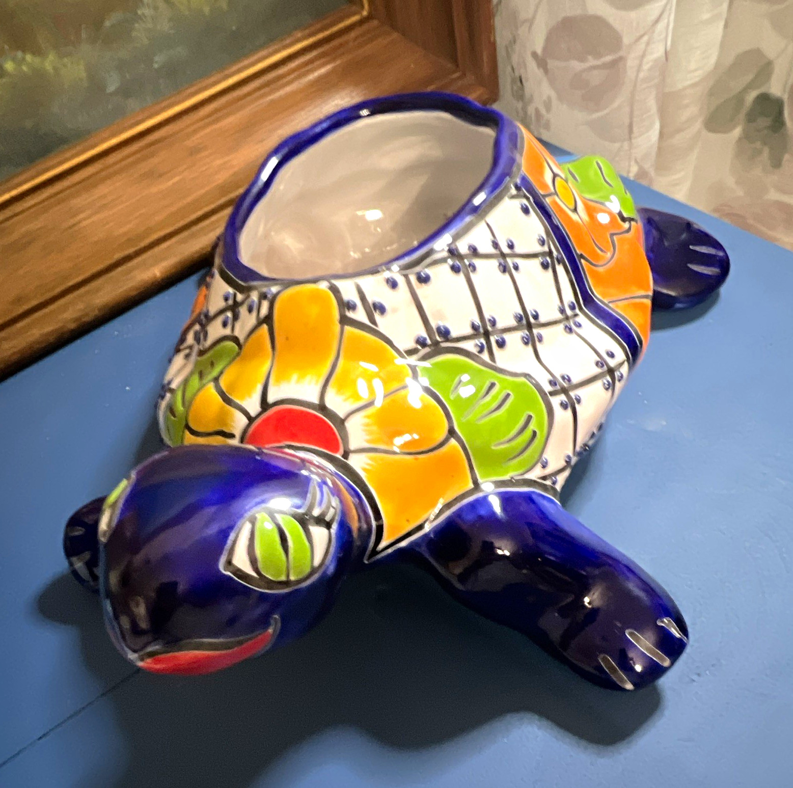 Talavera Mexican Pottery Hand Painted Ceramic Turtle Planter 14.5 x7.5 x4\