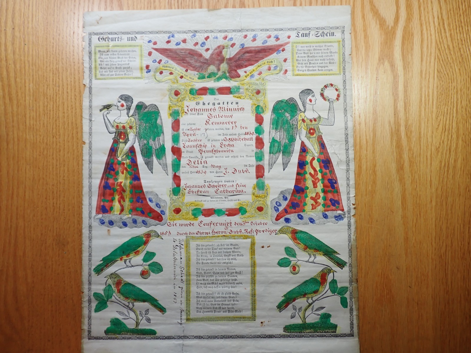 Antique 1839 Allentown Pennsylvania Folk Art Baptism Record Minnich & Kemmerer