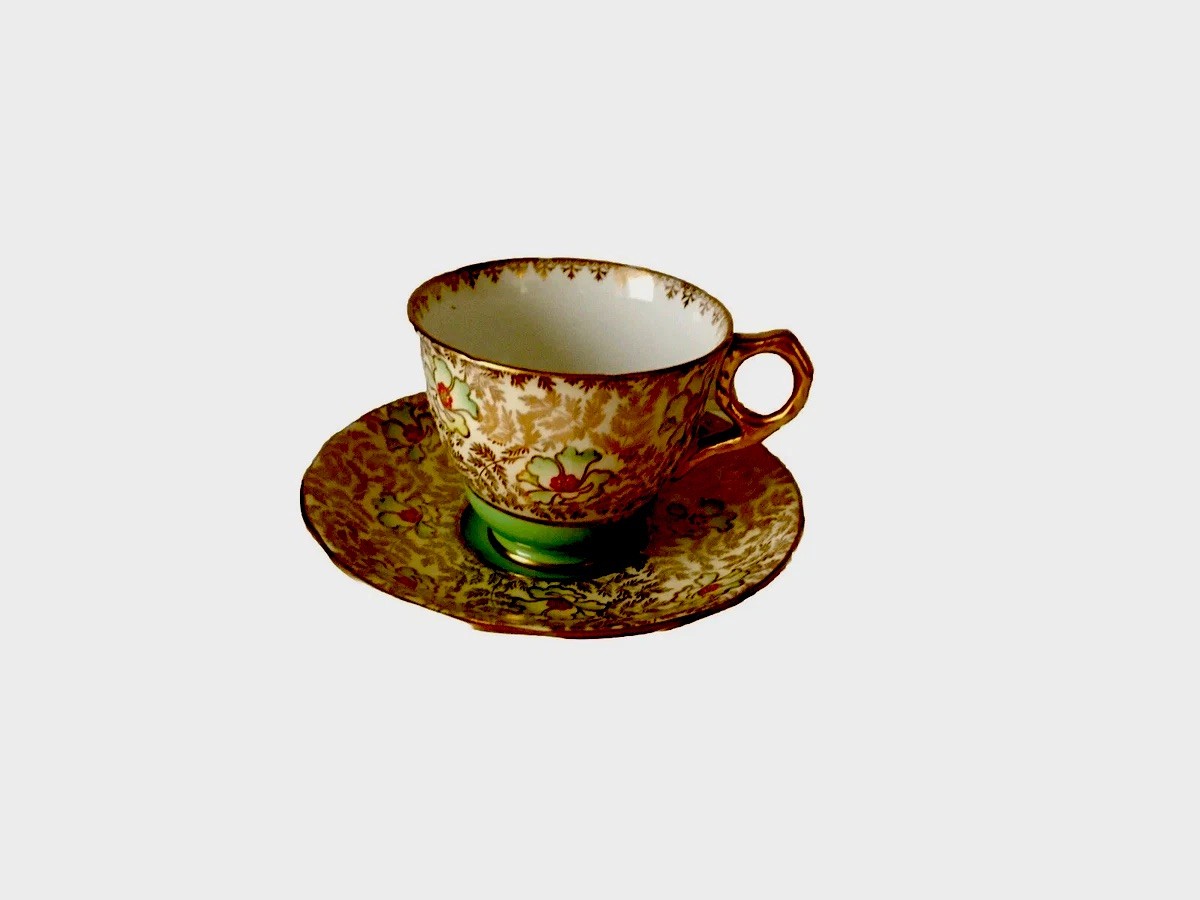 VTG. Royal Stafford English Bone China Teacup &Saucer #7573~Green, Gold, Cream