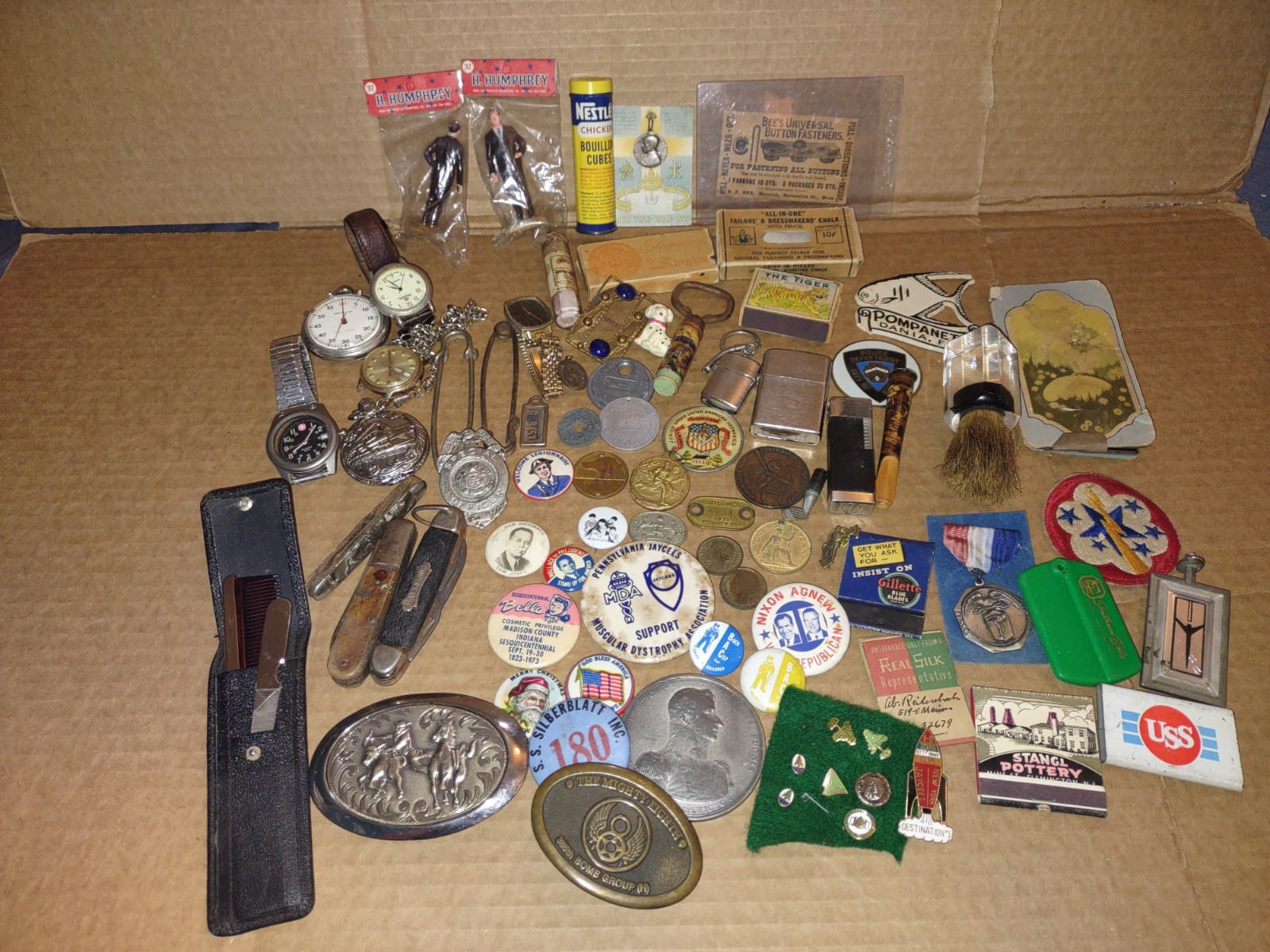 Vintage Junk Drawer Lot Knives, Lighters, Sterling Set, Pins, Medals, Coins +++ Vintage Junk Drawer Lot Knives, Lighters, Sterling Set, Pins, Medals, Coins +++