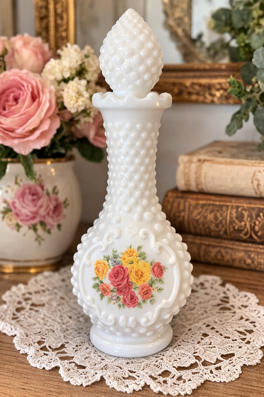 Vintage Avon Milk Glass Hobnail Roses Cologne Bottle Empty Vintage Avon Milk Glass Hobnail Roses Cologne Bottle Empty