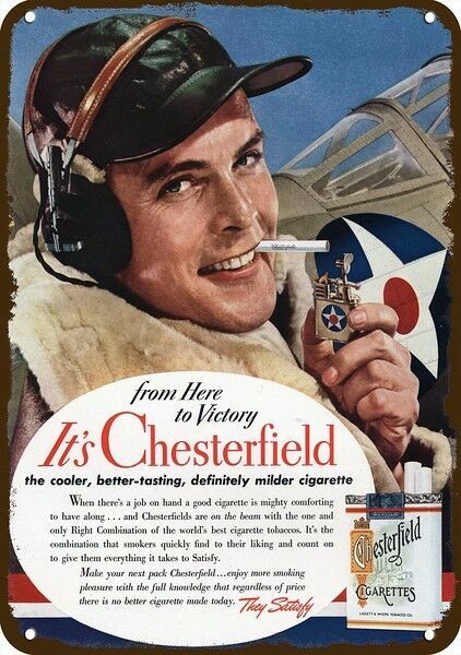 1942 WW2 Pilot & CHESTERFIELD Cigarettes Vntg-Look DECORATIVE REPLICA METAL SIGN