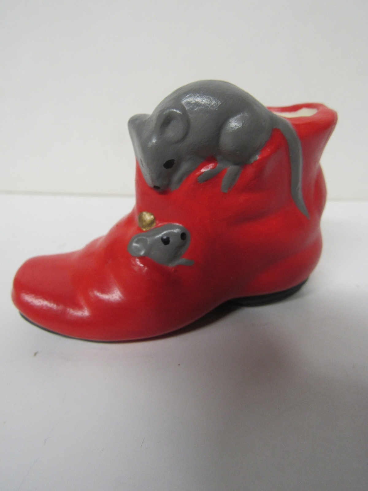 Vintage Small Ceramic Mice Playing In Red Boot Figurine Ships Free
