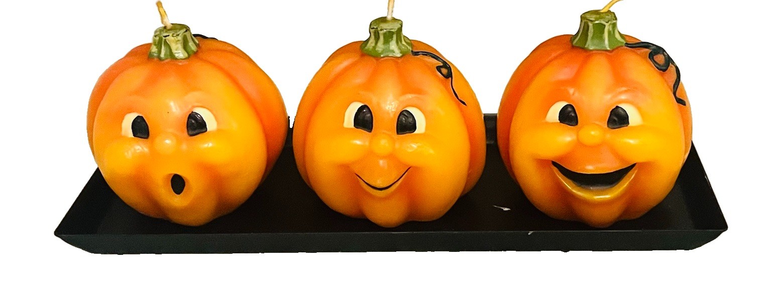 VTG Gurley ? Pumpkin Candle Trio Set HALLOWEEN JACK-O-LANTERN Kitschy Whimsical VTG Gurley ? Pumpkin Candle Trio Set HALLOWEEN JACK-O-LANTERN Kitschy Whimsical