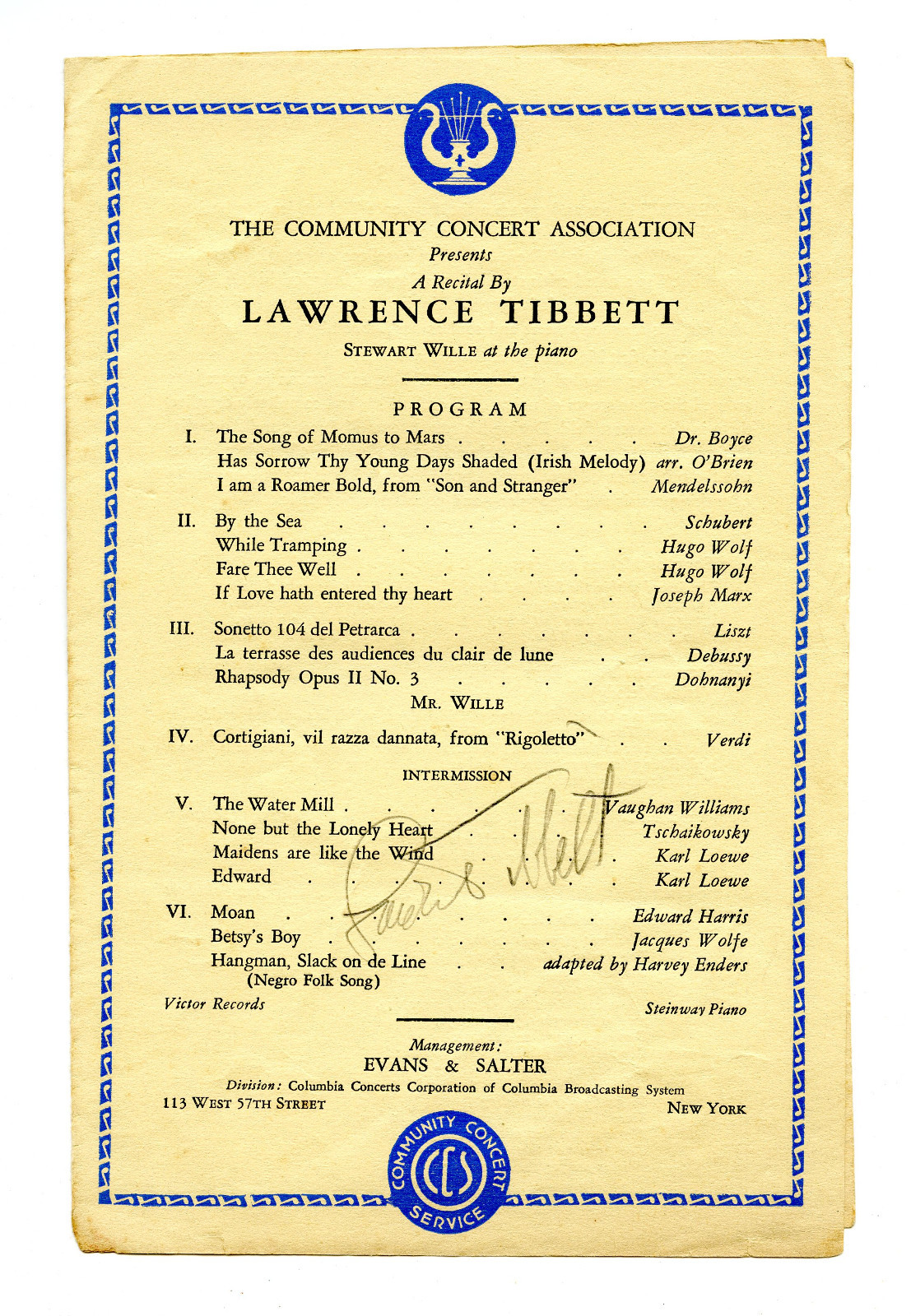 Antique Flyer LAWRENCE TIBBETT Recital Columbia Concerts Community Association