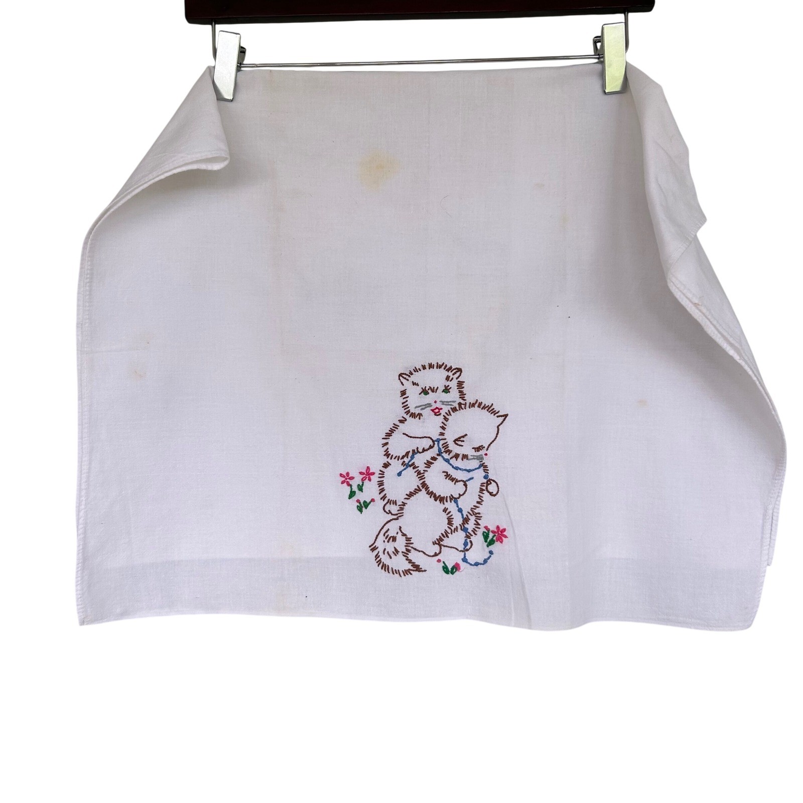 Unbranded Embroidered Linen Unisex OS White Vintage Kitten Cat Tea Towel Decor