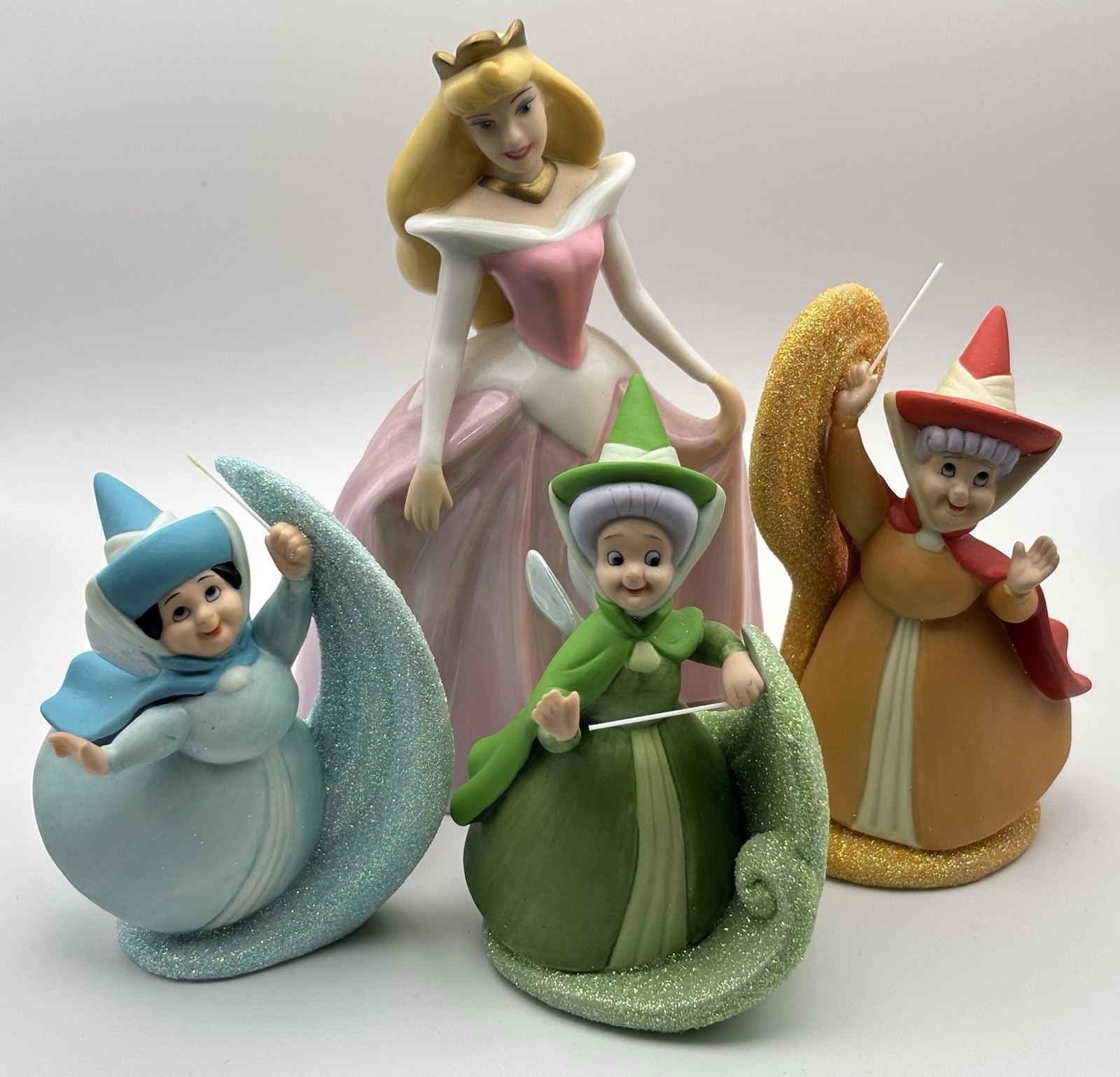 Vintage Rare Sleeping Beauty Aurora With Fairy Godmothers Ceramic Figurines
