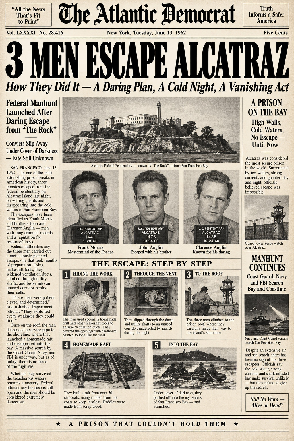 3 Men Escape Alcatraz Prison News Poster up to 24x36\ 3 Men Escape Alcatraz Prison News Poster up to 24x36\