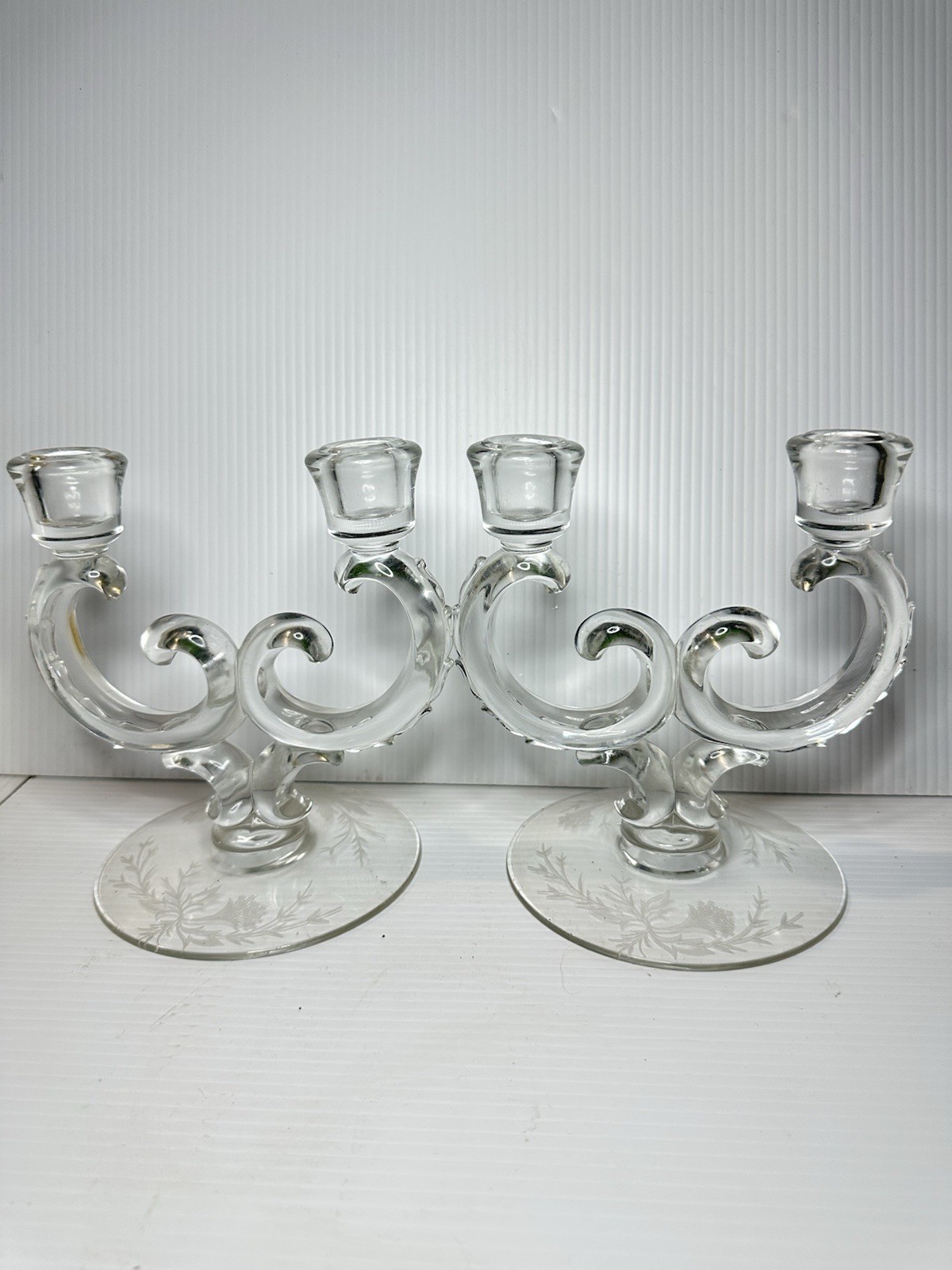 Vintage Etched Glass Double Candlestick Holders Pair Floral Depression Era