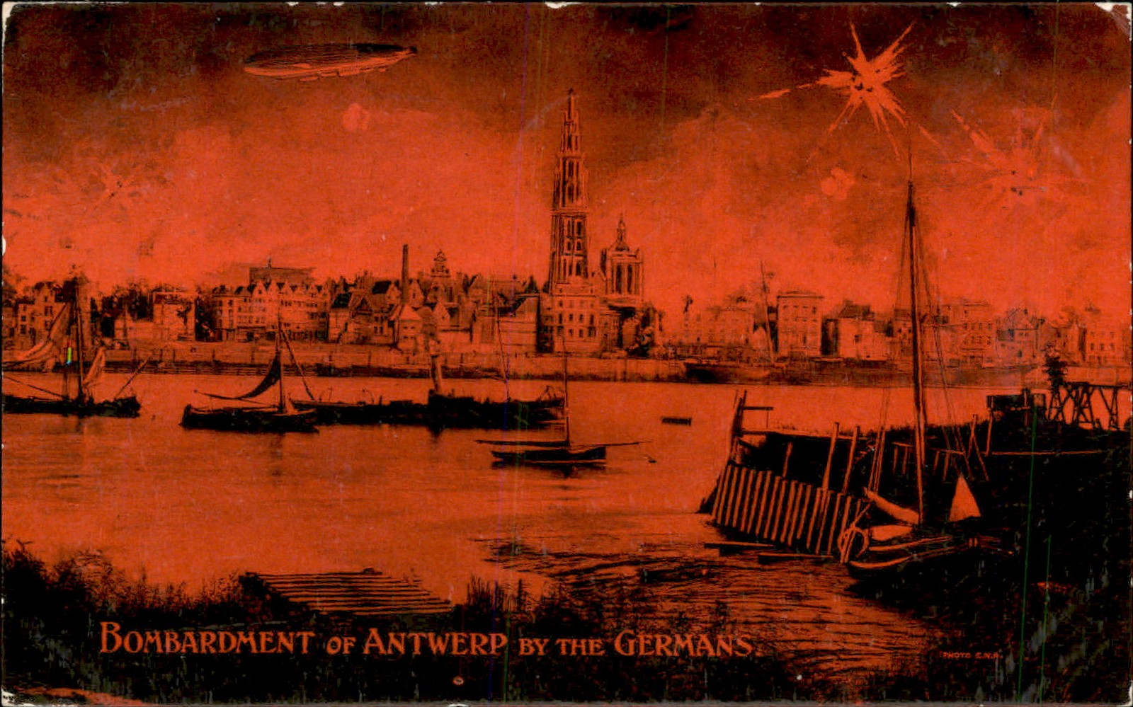 Bombing of Antwerp WWI German Zeppelin Red Tint Valentine & Sons c1915 PC bhn