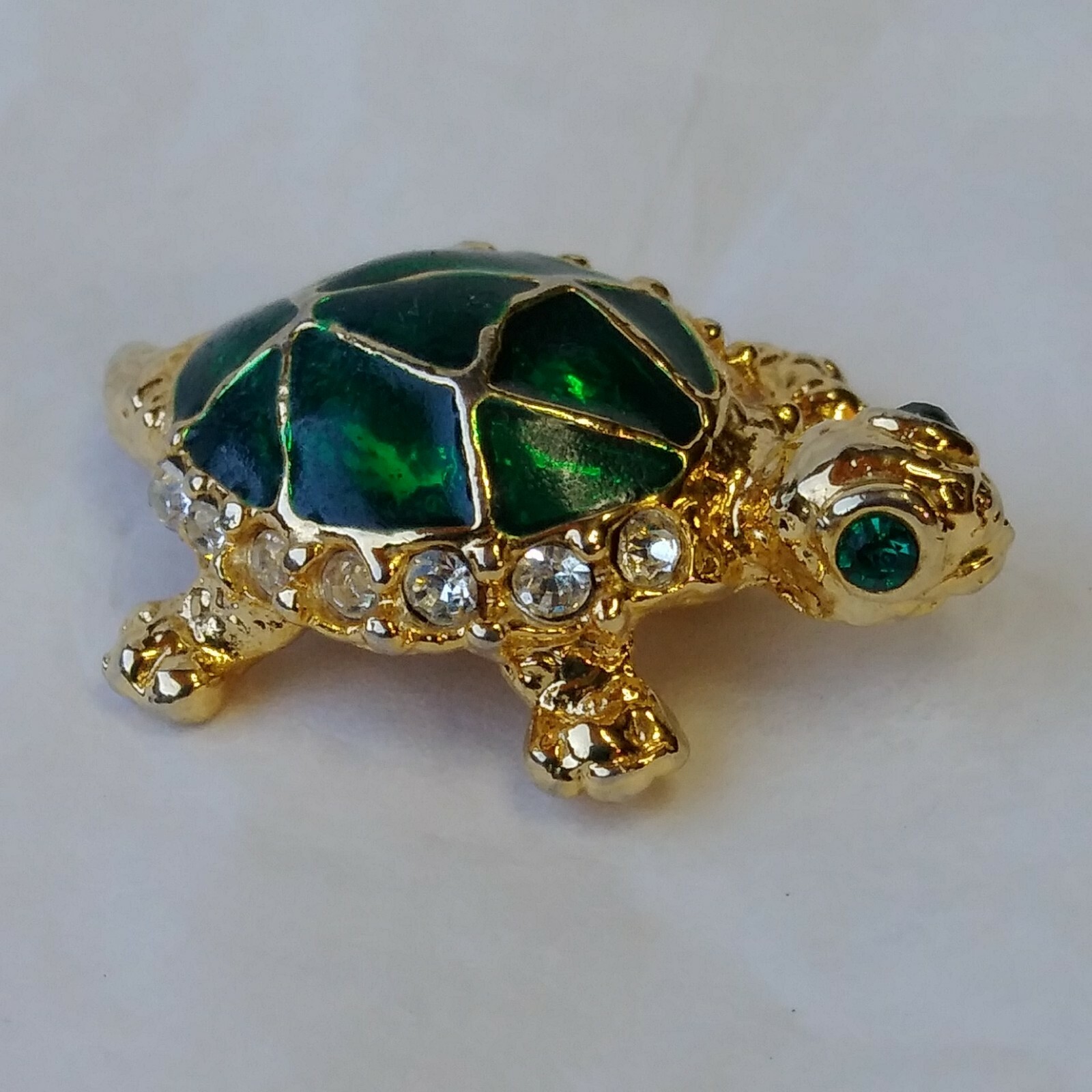 Turtle Lapel Hat Jacket Pin Green Shell Faux Jewels Gold Color Metal
