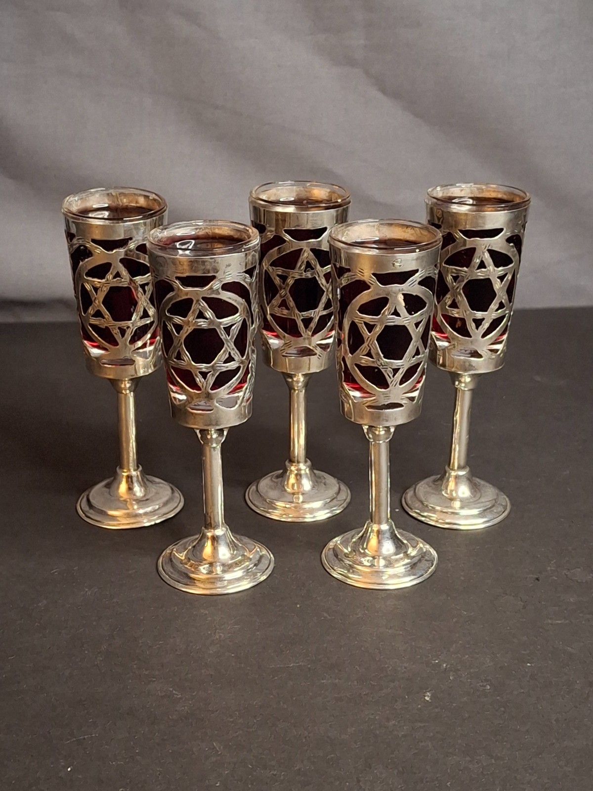 Set 5 Vintage Mexican Sterling Silver Judaica Kiddush Cordial Cups Star of David