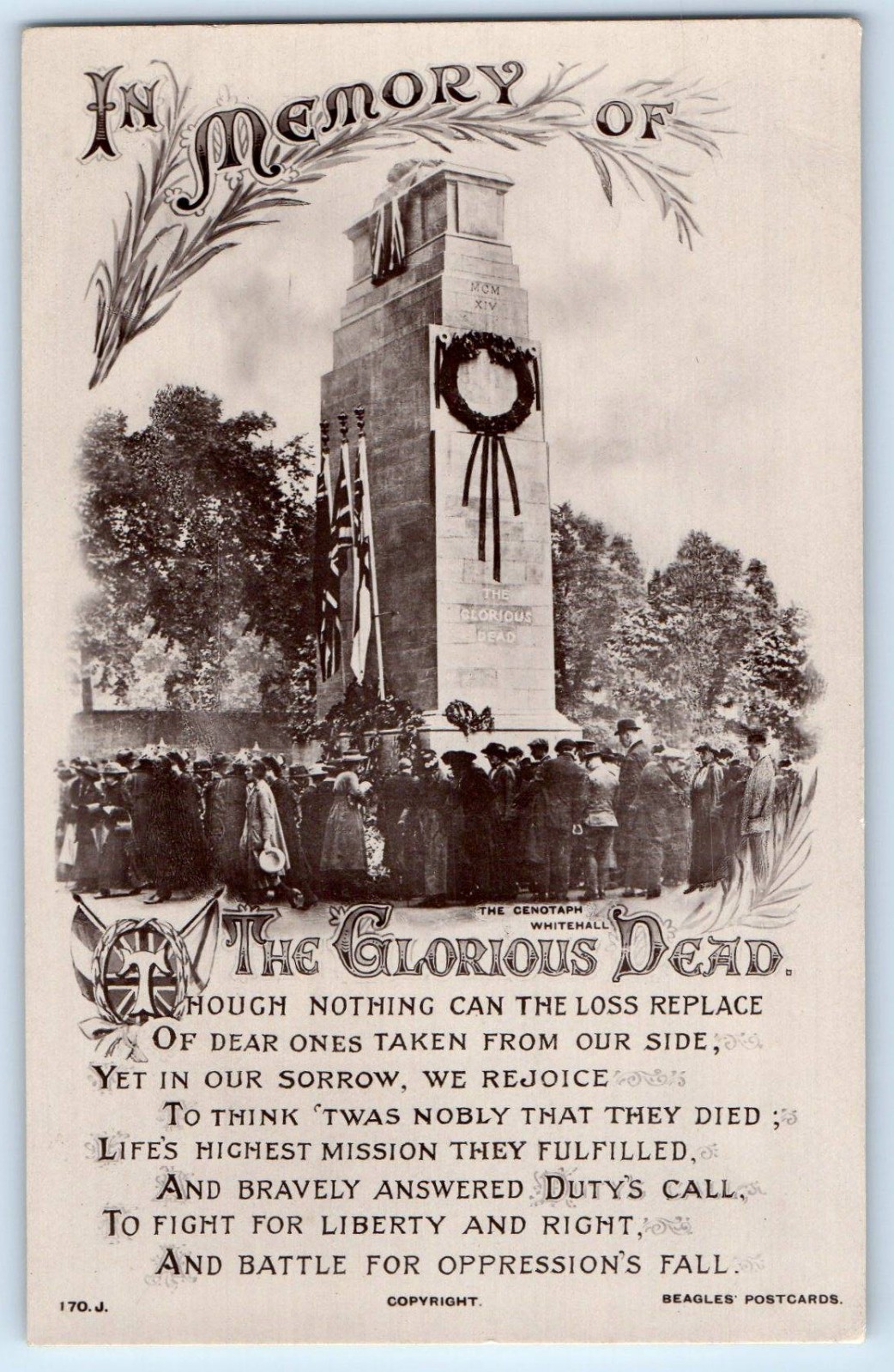 c1910\'s In Memory Of The Glorious Dead The Cenotaph Whitehall Antique Postcard