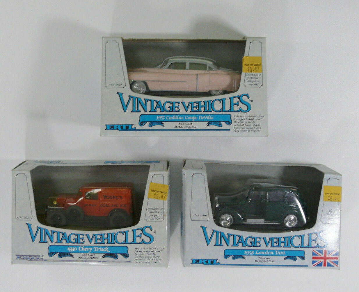 NIB Vintage: 3 ERTL vehicles Die Cast london taxi 1930 chevy truck 1952 cadillac