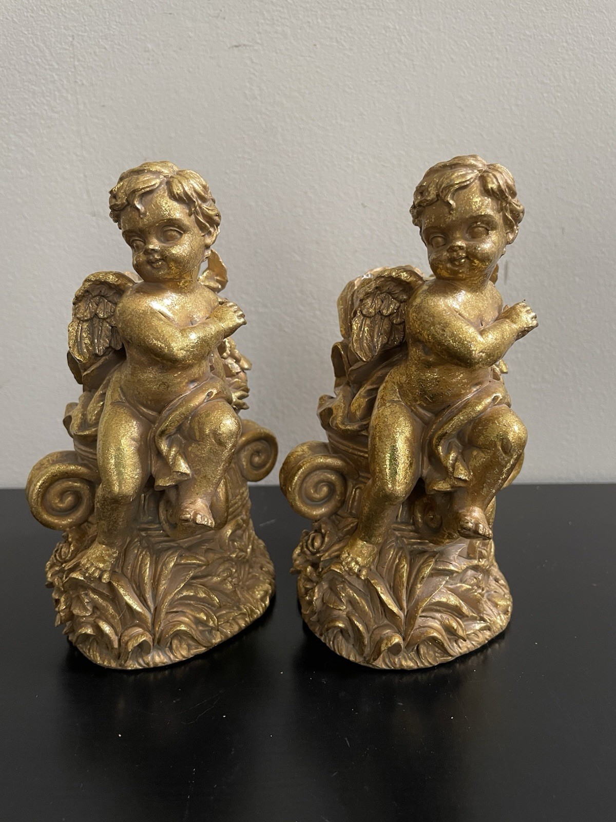 VTG Pair Of Gilded Golden Cherubs Candle Holders, Winged Angels 6 1/2”Tall