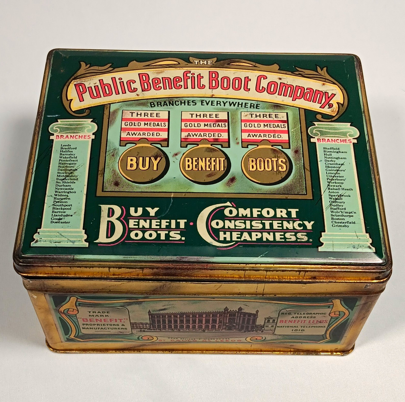 Vintage c. 1930s Public Benefit Boot Company Advertising Tin – Made in England