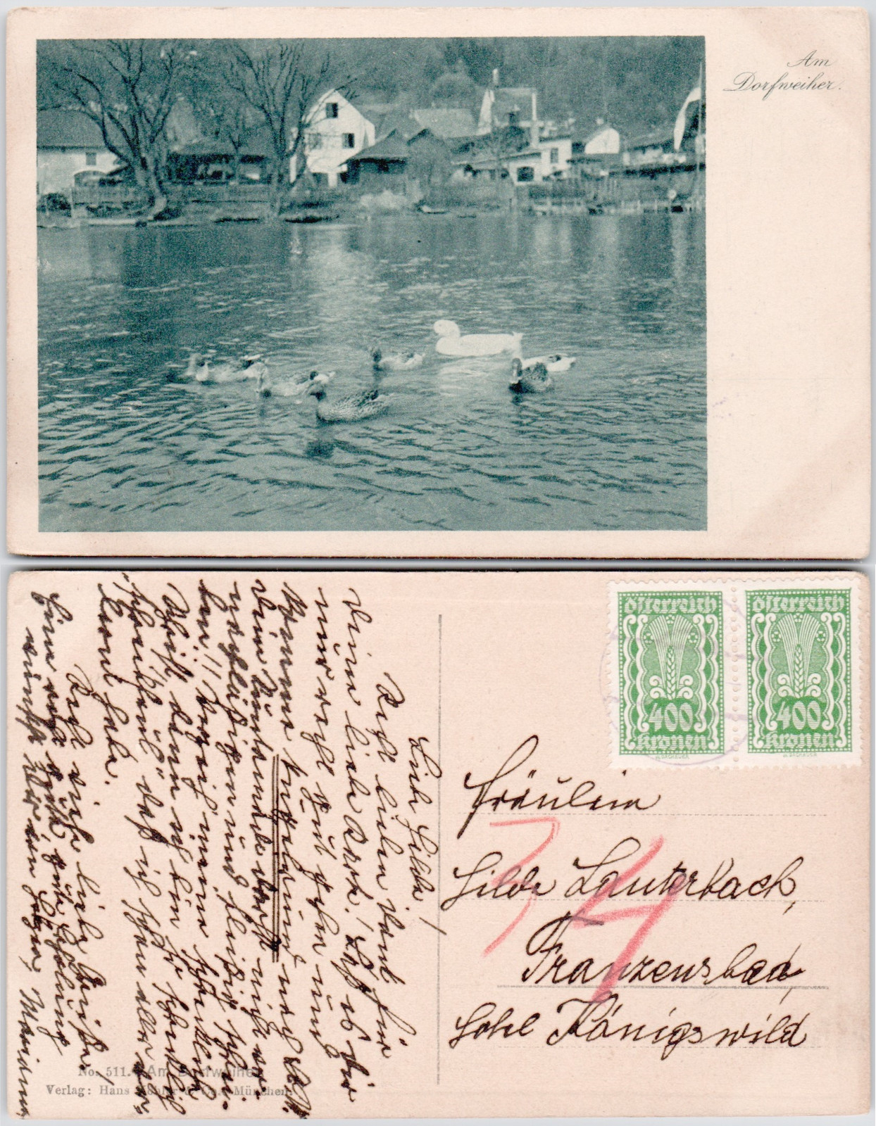 Austria Bad Hall 1920 Dorfweiher Pond Ducks Village Houses Teich Enten Postcard