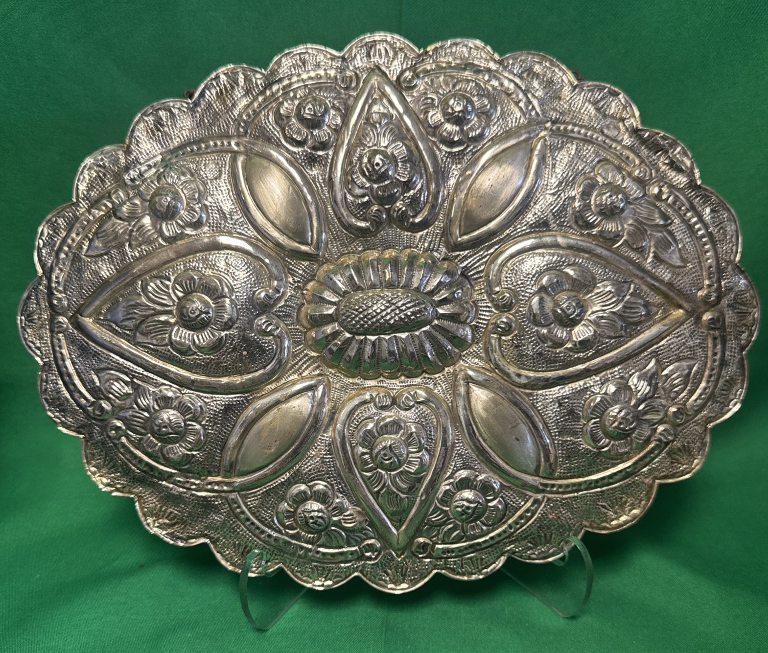 Vintage Turkish .900 Silver Repousse Wedding Mirror Wall Hanging Ornate TFK Mark