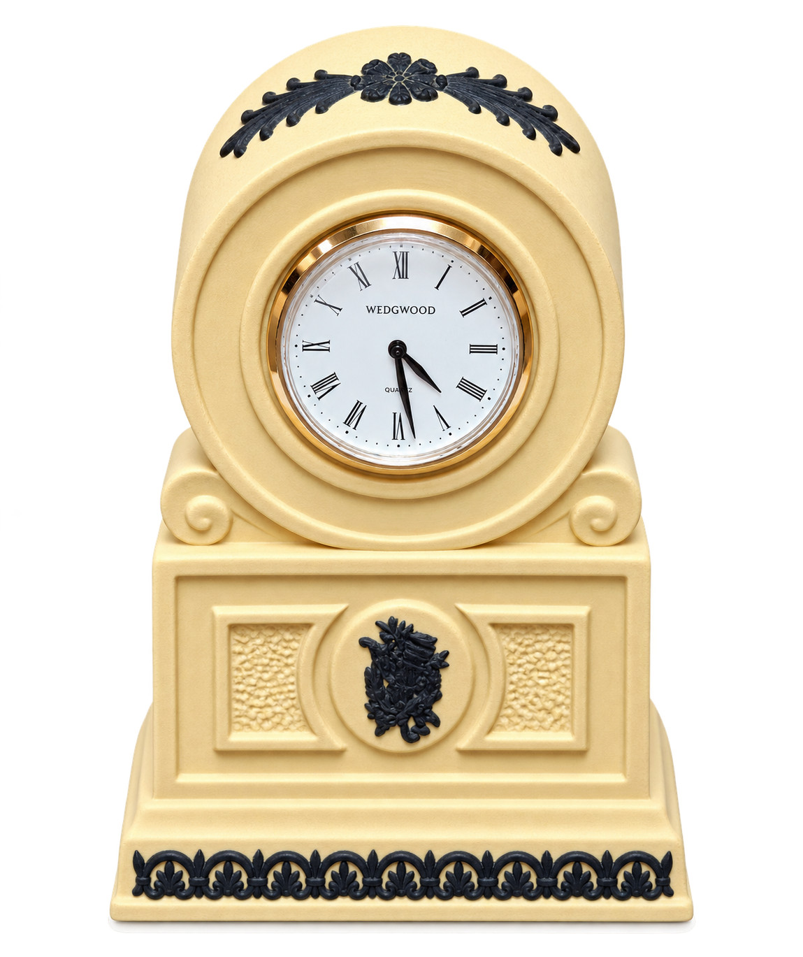 Wedgwood Jasperware Mantel Clock Cane Yellow Black Neoclassical Quartz 4.7\