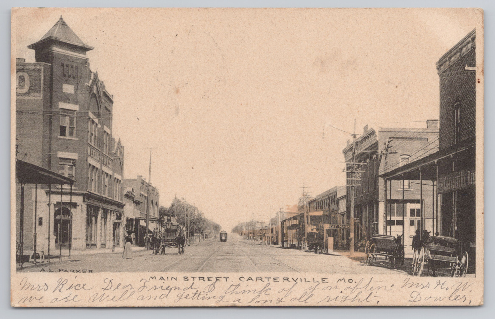Vintage 1907 Postcard Main Street Carterville Missouri A.L. Parker Photographer