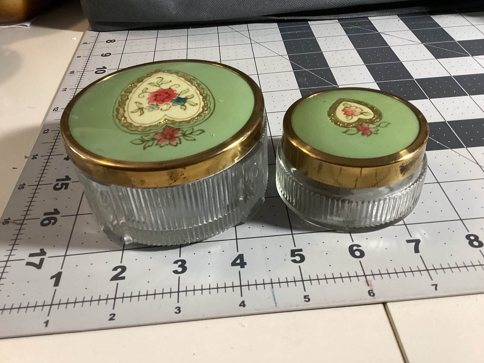 Vintage Pair Art Deco Vanity Glass Powder Jars Metal Lids Gold Tone