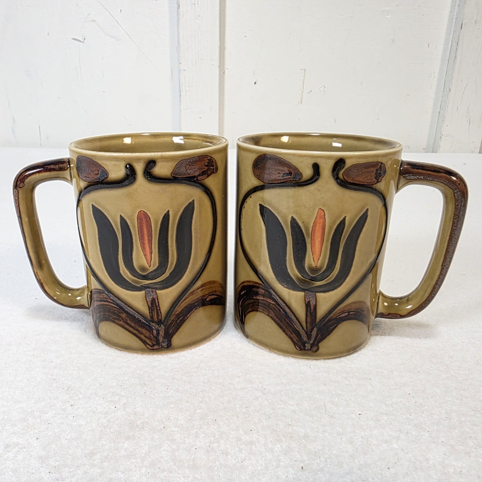 Vintage Japanese Otagiri Stoneware Mugs 1970s Retro Floral Pottery Coffee Cups