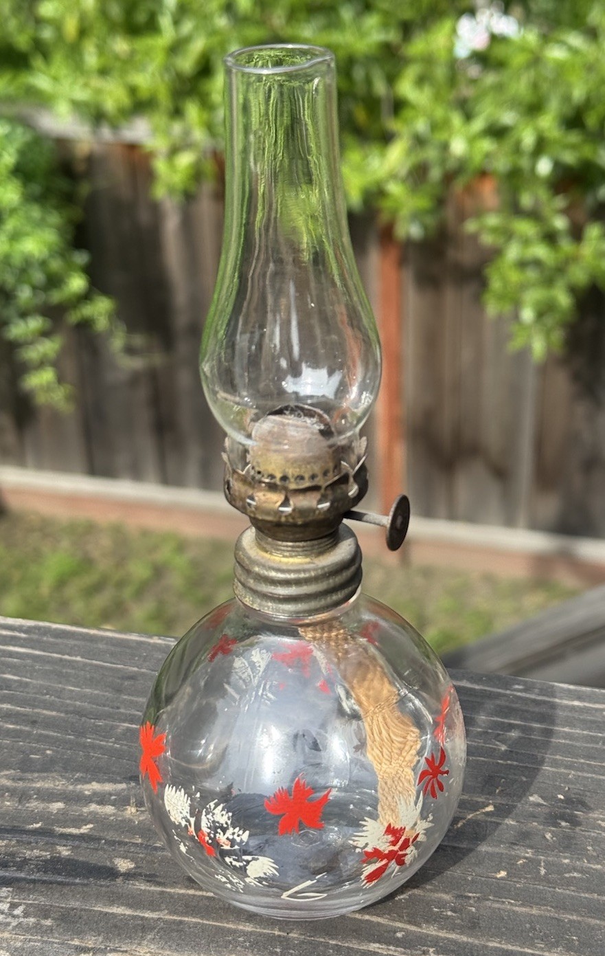 Vintage Miniature Oil Lamp Clear Glass W Flowers #3 Approximate H 7.75”